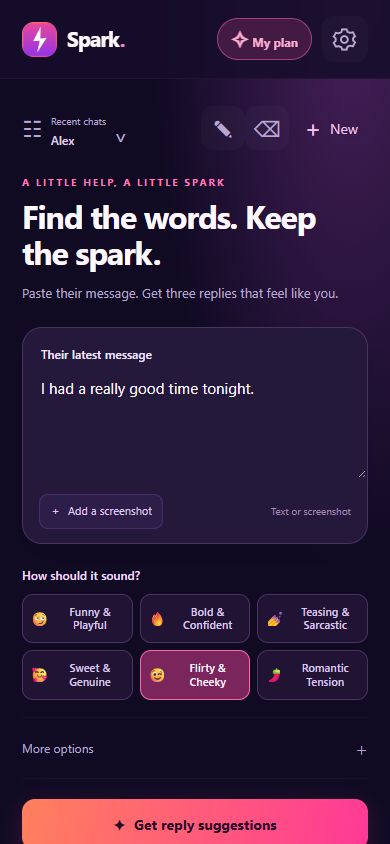 Spark message composer with screenshot upload and tone choices
