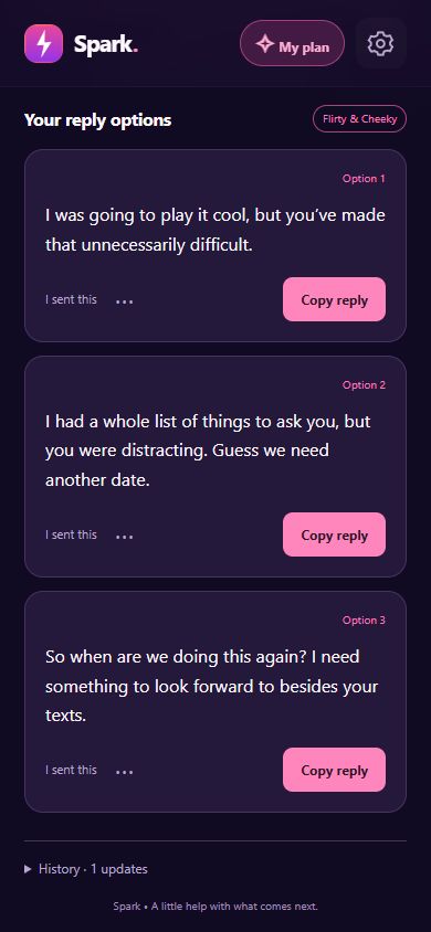 Spark app showing three reply suggestions in a purple and pink interface